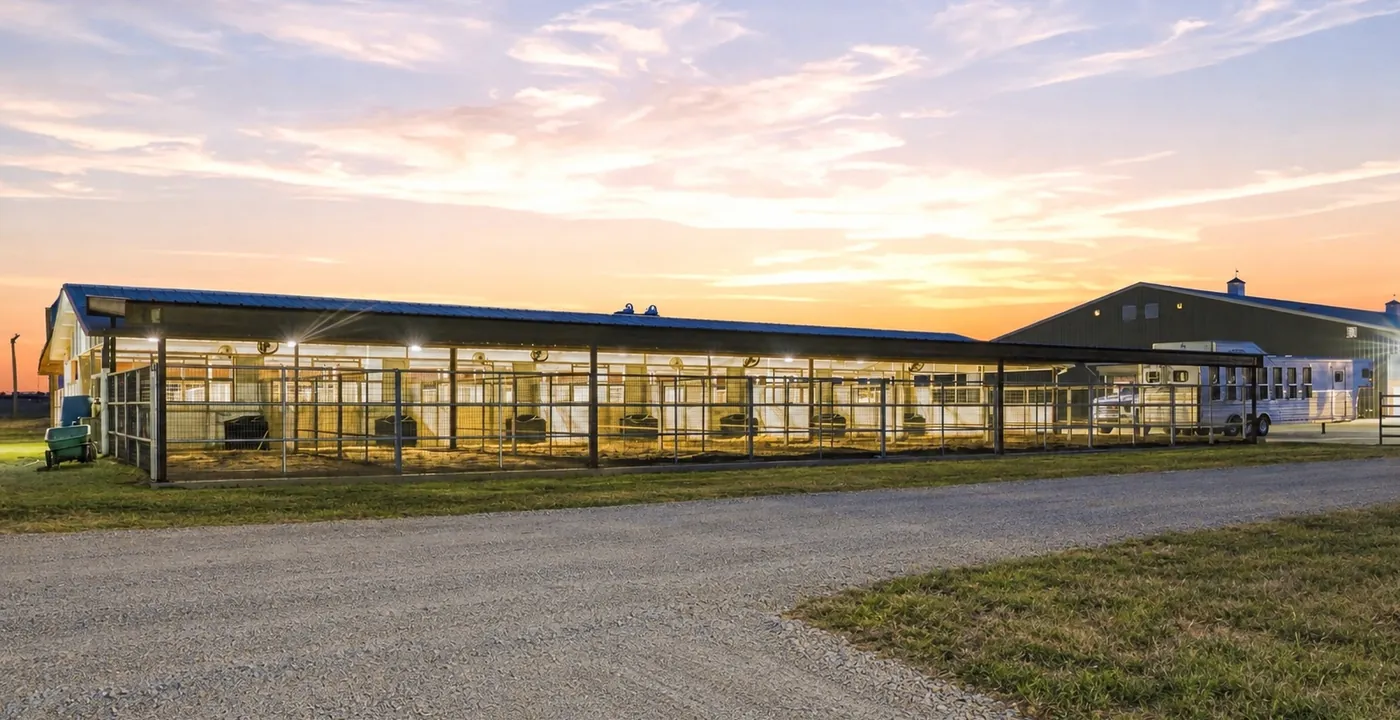 The covered mare motel at Franklin Farm at dusk, a long row of lit runs beside the paddocks.