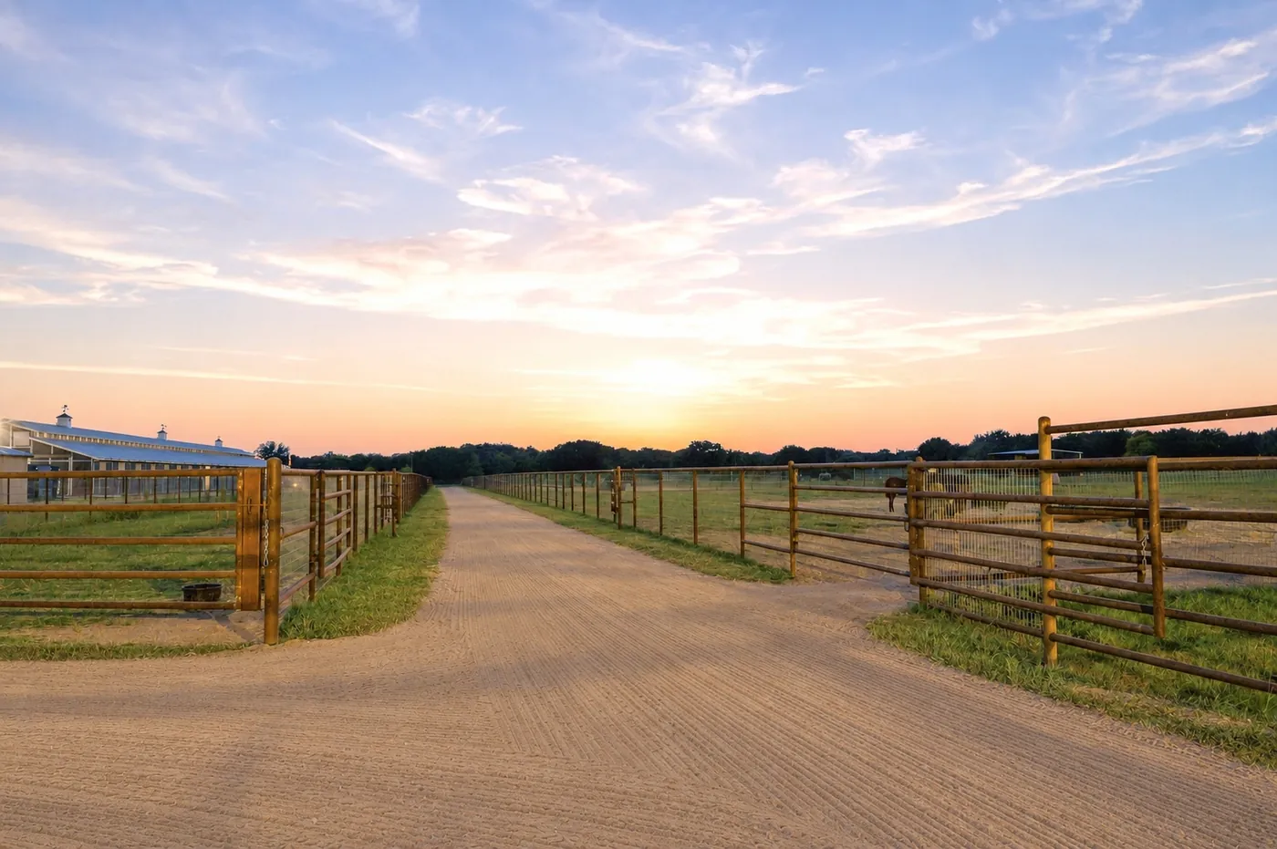 A raked gravel lane at sunset between fenced paddocks at Franklin Farm, with a barn to one side and horses turned out.